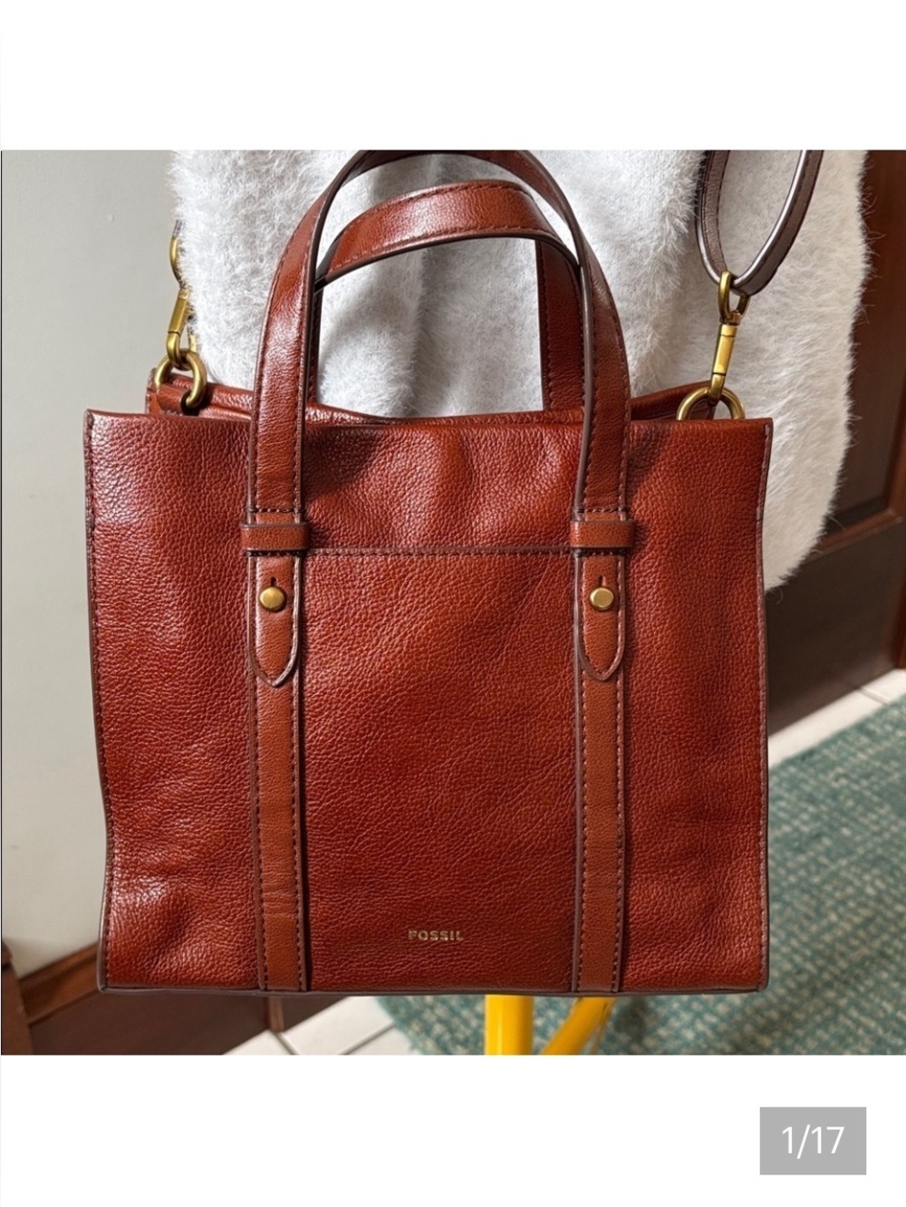 Fossil  Satchel  shoulder/cross body bag  leather saddle brown   3 compartments